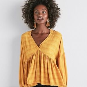 Lucky Brand Mustard Ruffle Peasant Blouse